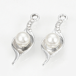 Alloy Pendants, with ABS Plastic Imitation Pearl Beads and Rhinestones, Leaf, Platinum, 30.5x11x8mm, Hole: 2mm(X-PALLOY-T027-94P)