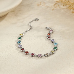 304 Stainless Steel Pave Colorful Cubic Zirconia Tennis Bracelets for Women, Stainless Steel Color, Heart, 6.81 inch(17.3cm)(BJEW-T023-02B-P)