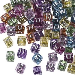 Transparent Acrylic Beads, Cube with Letter, Silver Plated, Mixed Color, 6x6x6mm, Hole: 3mm, about 1450pcs/250g(PACR-SZ0001-001B)