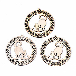Undyed Natural Hollow Wooden Big Pendants, Laser Cut Shapes, Donut with Cat, Antique White, 63x59.5x2mm, Hole: 1.6mm(WOOD-N007-091)
