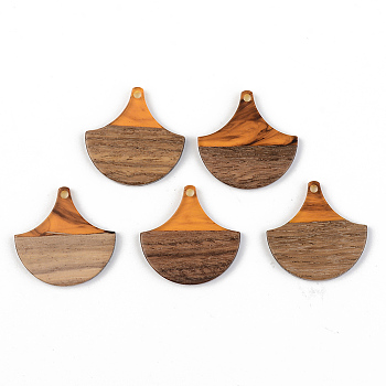 Resin & Walnut Wood Pendants, Fan, Orange, 28x28x3mm, Hole: 2mm