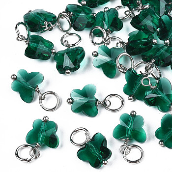 Faceted Transparent Glass Charms, with Iron Jump Ring, Butterfly, Teal, 13~14x9.8x6mm, Hole: 4mm