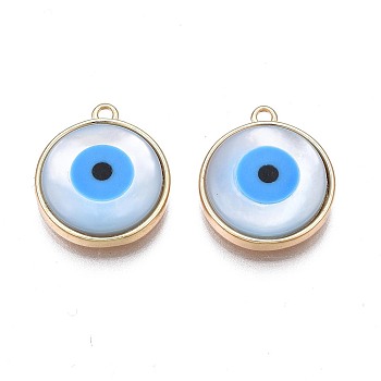 Shell Pendants, with Real 18K Gold Plated Brass Findings and Synthetic Turquoise, Nickel Free, Flat Round with Evil Eye, Deep Sky Blue, 15.5x13x3.5mm, Hole: 1.2mm