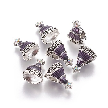 Tibetan Style Alloy European Beads, Large Hole Beads, with Enamel and Rhinestone, Christmas Tree, Crystal AB, Antique Silver, Purple, 15x11x8mm, Hole: 4.5mm