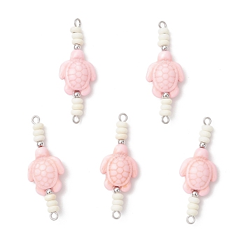Dyed Synthetic Turquoise Sea Animal Rondelle Beaded Connector Charms, with 304 Stainless Steel Double Loops, Pink, Stainless Steel Color, Turtle, 40x14.5x7mm, Hole: 2mm