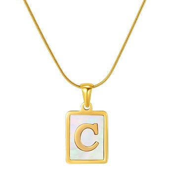 Stainless Steel Snake Bone Chain Alphabet Necklace with Shell Pendant, Letter C, Golden