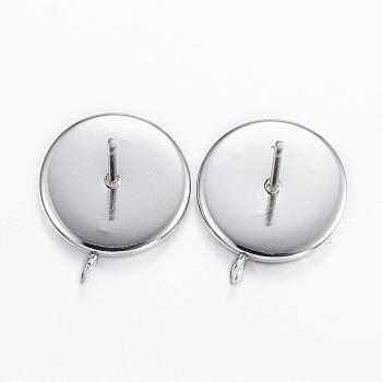 304 Stainless Steel Stud Earring Settings, with Loop, Flat Round, Stainless Steel Color, Tray: 12mm, 16.5x14x2mm, Hole: 2mm, Pin: 0.8mm