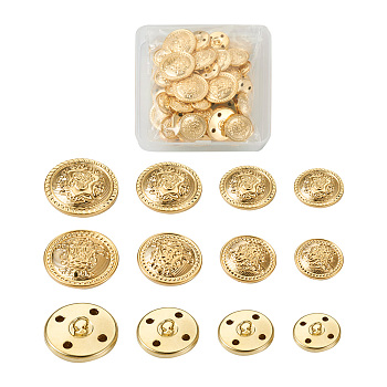80Pcs 8 Style Brass Shank Buttons, Flat Round with Flower Pattern, Golden, 15~25mm, 10pcs/style