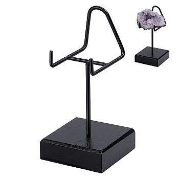 Iron & Wood Mineral Display Holder with Square Acrylic Bases, for Gemstone Agate Rock Display, Black, 5x5x10.5cm