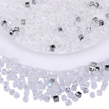 2 Bags Imitation Artificial Crystal Glass Beads, Faceted Cube, Mixed Style, White, 4x4x4mm, Hole: 1.2mm, about 100pcs/bag