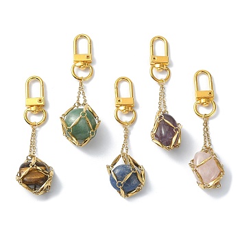 304 Stainless Steel Pouch Stone Holder Pendant Decoration, with Natural Mixed Gemstone and Alloy Swivel Clasps, Golden, 82mm