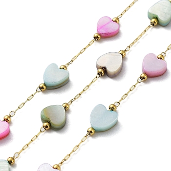 Colorful Natural Shell Heart & Brass Beaded Link Chains, with Ion Plating(IP) Golden 304 Stainless Steel Paperclip Chains, Soldered, with Spool, Golden, 6.5x6.5x3mm, about 32.81 Feet(10m)/Roll