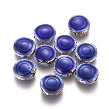 CCB Plastic Beads, with Enamel, Flat Round, Antique Silver, Blue, 11x5mm, Hole: 1.2mm