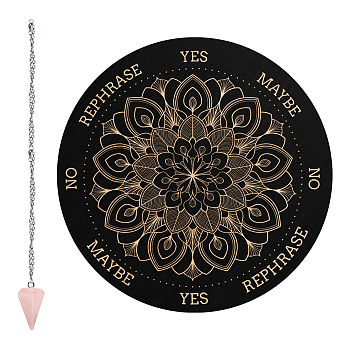 1Pc Cone/Spike/Pendulum Natural Rose Quartz Stone Pendants, 1Pc 304 Stainless Steel Cable Chain Necklaces, 1Pc PVC Custom Pendulum Board, Dowsing Divination Board, Flower Pattern, 3pcs/set