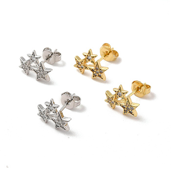 Rack Plating Brass Micro Pave Clear Cubic Zirconia 3 Star Stud Earrings, Long-Lasting Plated, Lead Free & Cadmium Free, Mixed Color, 10x8.5mm, Pin: 0.7mm