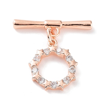 Rack Plating Brass Micro Pave Clear Cubic Zirconia Toggle Clasps, Star Ring, Cadmium Free & Lead Free, Long-Lasting Plated, Rose Gold, Ring: 15x13x3mm, Bar: 5.5x21.5x2.5mm