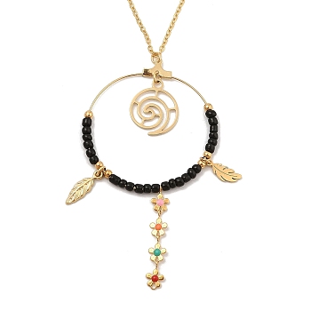 Boho Plasic Bead & 304 Stainless Steel Flower & leaf Pendant Cable Chain Necklaces for Women, Golden, Black, 16.93 inch(43cm)