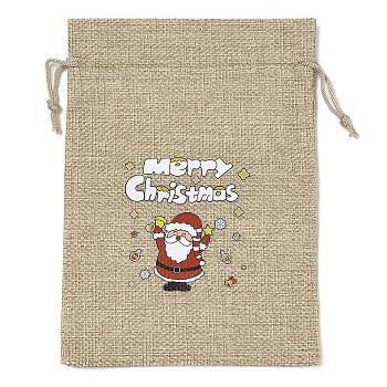 Christmas Printed Burlap Packing Pouches Drawstring Bags, Rectangle, Tan, Santa Claus, 18x13x0.01cm