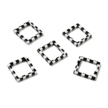 Acrylic Linking Rings, Rhombus with Tartan Pattern, Black & White, 20x20x2.5mm, Inner Diameter: 15x15mm