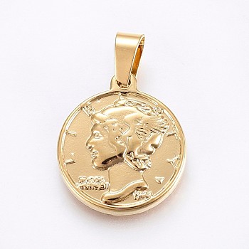304 Stainless Steel Pendants, coin, Golden, 21x18x3mm, Hole: 7x4mm
