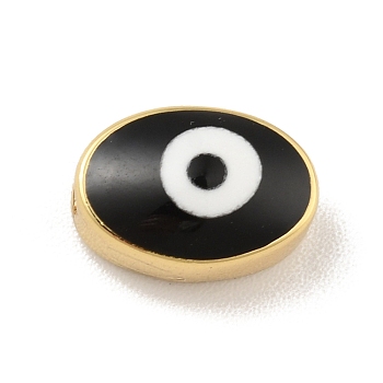 Real 18K Gold Plated Brass Beads, with Enamel, Cadmium Free & Lead Free, Long-Lasting Plated, Oval with Evil Eye, Black, 6.5x10x5.5mm, Hole: 1.2mm