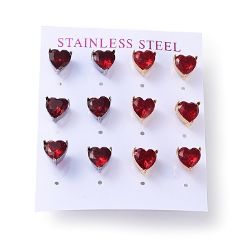 6 Pair 2 Color Heart Cubic Zirconia Stud Earrings, Golden & Stainless Steel Color 304 Stainless Steel Earrings, Red, 9x9mm, 3 Pair/color