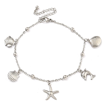 Tarnish Resistant Summer Beach 304 Stainless Steel Cable Chains Shell & Starfish Charm Bracelets, Stainless Steel Color, 8-5/8 inch(22cm)