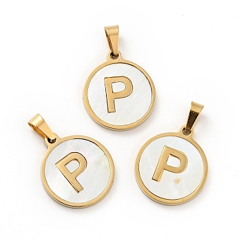 PVD Vacuum Plating 304 Stainless Steel with White Shell Pendants, Golden, Flat Round with Letter Charm, Letter.P, 18x16x1.5mm, Hole: 3x6mm