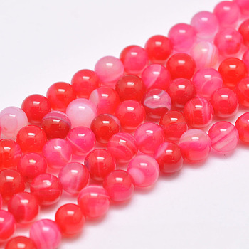 Natural Striped Agate/Banded Agate Bead Strands, Dyed & Heated, Round, Grade A, Pale Violet Red, 6mm, Hole: 1mm, about 63pcs/strand, 14.7 inch(375mm)
