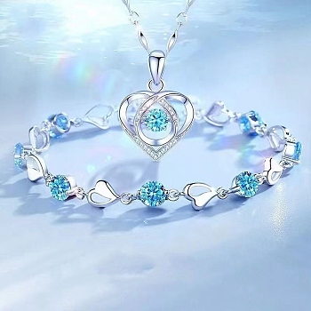 Heart Alloy Rhinestone Pendant Necklaces & Link Bracelets Sets, Platinum, Necklaces: 450mm; Bracelets: 170mm