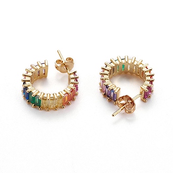 Brass Micro Pave Cubic Zirconia Stud Earrings, Half Hoop Earrings, with Brass Ear Nuts, Ring, Colorful, Real 18K Gold Plated, 15x5mm, Pin: 0.7mm