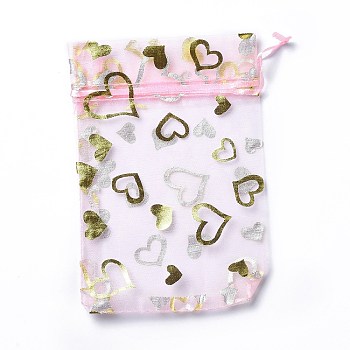Organza Drawstring Jewelry Pouches, Wedding Party Gift Bags, Rectangle with Gold Stamping Heart Pattern, Pink, 15x10x0.11cm