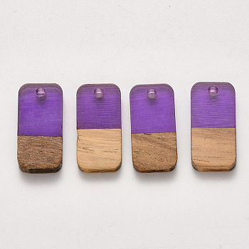 Two-tone Transparent Resin & Walnut Wood Pendants, Waxed, Rectangle, Blue Violet, 20.5x10x3~4mm, Hole: 2mm