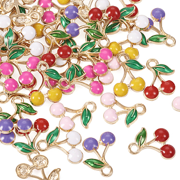 60Pcs 6 Colors Alloy Enamel Charms, Light Gold, Cherry Charm, Mixed Color, 13x12x2mm, Hole: 1.8mm, 10pcs/color