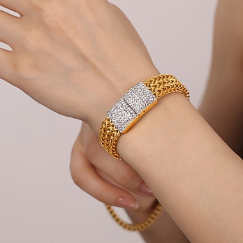 304 Stainless Steel Mesh Chain Bracelet with Cubic Zirconia Rectangle Magnetic Clasps, Golden, 7-1/2 inch(19.1cm), Wide: 12mm