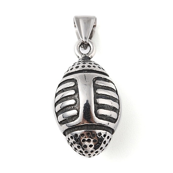 304 Stainless Steel Pendants, with 201 Stainless Steel Snap on Bails, 3D Rugby Charm, Antique Silver, 34x17mm, Hole: 9x4mm