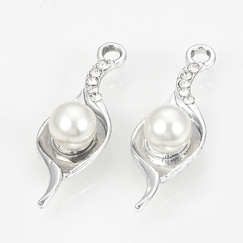 Alloy Pendants, with ABS Plastic Imitation Pearl Beads and Rhinestones, Leaf, Platinum, 30.5x11x8mm, Hole: 2mm