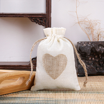 Linenette Drawstring Bags, Rectangle with Heart Pattern, Snow, 14x10cm