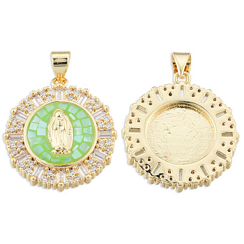 Brass Micro Pave Clear Cubic Zirconia Pendants, with Enamel and Shell, Real 18K Gold Plated, Nickel Free, Flat Round with Virgin Mary, Light Green, 23.5x21x4mm, Hole: 3x4mm