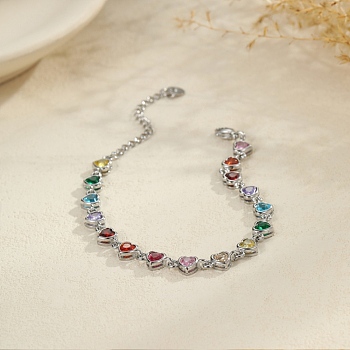 304 Stainless Steel Pave Colorful Cubic Zirconia Tennis Bracelets for Women, Stainless Steel Color, Heart, 6.81 inch(17.3cm)