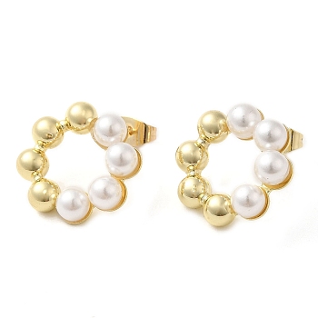 Rack Plating Brass Hollow Ring Stud Earrings with ABS Plastic Imitation Pearl Beaded, Real 16K Gold Plated, 17x18mm