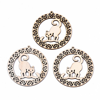 Undyed Natural Hollow Wooden Big Pendants, Laser Cut Shapes, Donut with Cat, Antique White, 63x59.5x2mm, Hole: 1.6mm