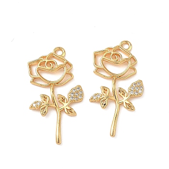 Brass Micro Pave Clear Cubic Zirconia Pendants, Rose, Nickel Free, Real 18K Gold Plated, 29x15.5x2mm, Hole: 1.8mm