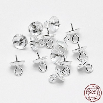 Rhodium Plated 925 Sterling Silver Pendant Bails, For Half Drilled Beads, Platinum, 6.5x5mm, Hole: 1mm, Pin: 0.5mm