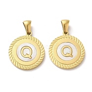 Ion Plating(IP) 304 Stainless Steel Pendants, Flat Round Shell Charms with Letter, Golden, Letter Q, 20.5x17.5x1.5mm, Hole: 2.5x4.5mm(STAS-I204-Q-G)
