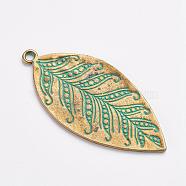Tibetan Style Alloy Pendants, Leaf, Antique Bronze & Green Patina, 60x28x1mm, Hole: 3mm(PALLOY-F187-26ABG)