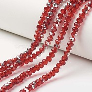 Electroplate Transparent Glass Beads Strands, Half Silver Plated, Faceted, Rondelle, Red, 4x3mm, Hole: 0.4mm, about 130pcs/strand, 16.54 inch(42cm)(EGLA-A034-T4mm-M05)