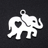 201 Stainless Steel Pendants,  Elephant with Heart, Stainless Steel Color, 15x17x1mm, Hole: 1.5mm(STAS-N090-JN862-1)