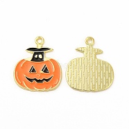Rack Plating Alloy Enamel Pendants, Cadmium Free & Nickel Free & Lead Free, Halloween Theme, Pumpkin Charm, Light Gold, Dark Orange, 23x20x1.5mm, Hole: 1.8mm(FIND-G054-17LG-02)