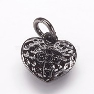 Hammered Brass Micro Pave Cubic Zirconia Pendants, Crosslet Heart Pendants, Heart with Cross Charms, Black, Gunmetal, 9x10x1.5mm, Hole: 3mm(ZIRC-K070-30B)